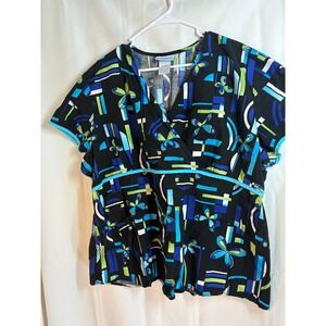 SB Scrubs Women's 2X Black Blue Green Butterfly Geometric Print Scrub Top V-Neck